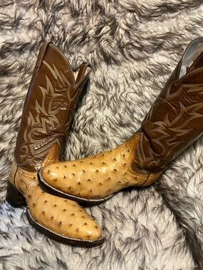 Tony Lama EL REY men TanOstrich Foot with Brown Leather Shaft Cowboy Boot-Sz 9 B